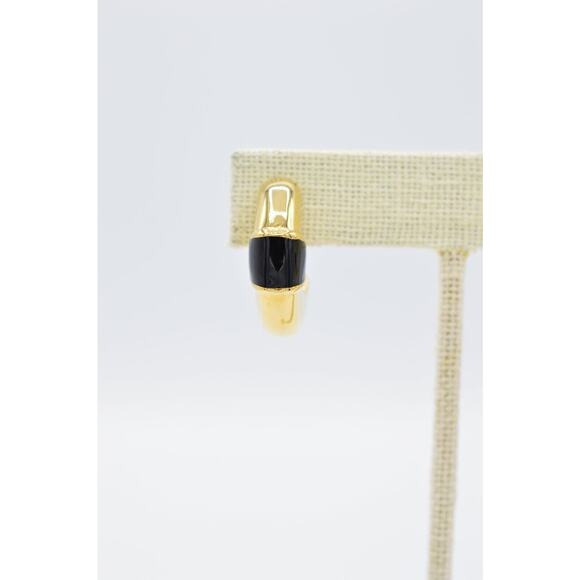 Givenchy Vintage Earrings Black Enamel Chunky Hoop Heavy Gold Signed 1980s 9C - Picture 6 of 11